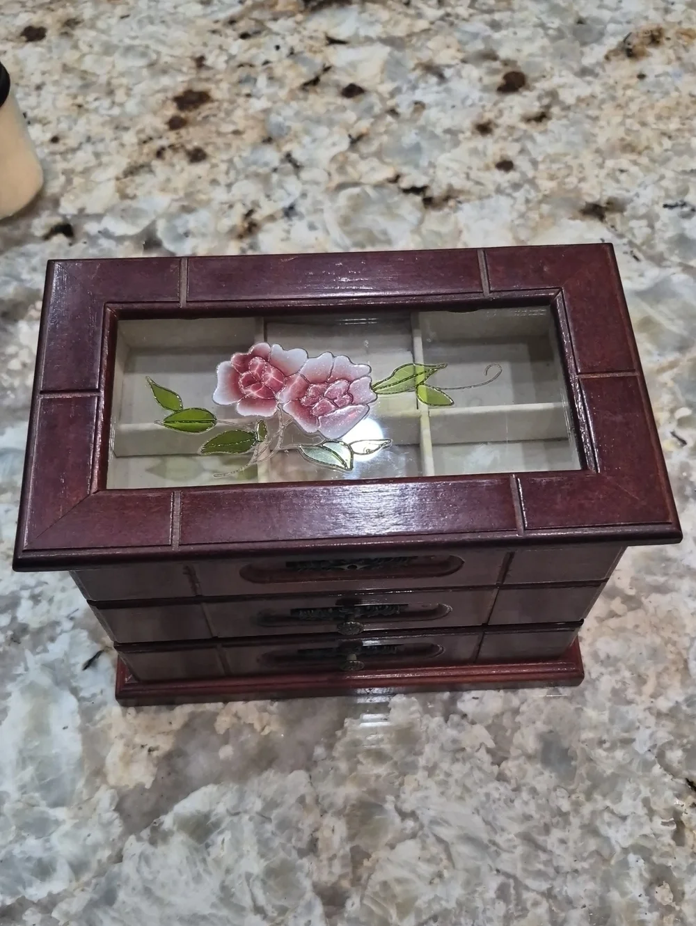 Vintage Wooden Jewelry Box With Floral Stained Glass & Drawers Cottagecore